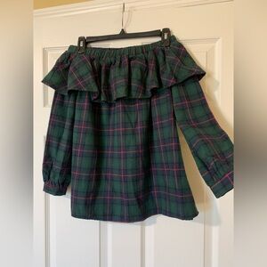 Gibson Latimer Off the Shoulder Long‎ Sleeve Plaid Ruffle Blouse Small